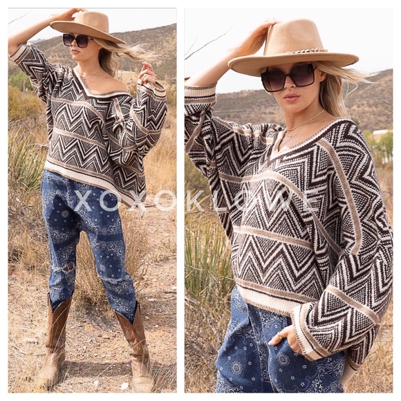 POL Brown Multi Aztec Pattern V Neck Sweater Oversized Slouchy Fit - Picture 7 of 11